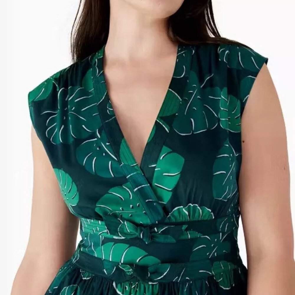 Kate Spade Dress Size8 Green Dark Forest Leaves Bow Midi Fit & Flare Tropical